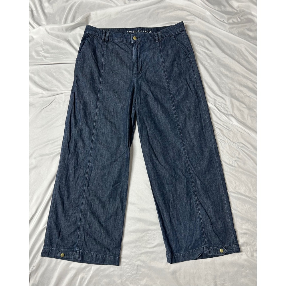 American Eagle Convertible Trouser Jeans Dark Wash Wide Leg Denim Blue Size 14